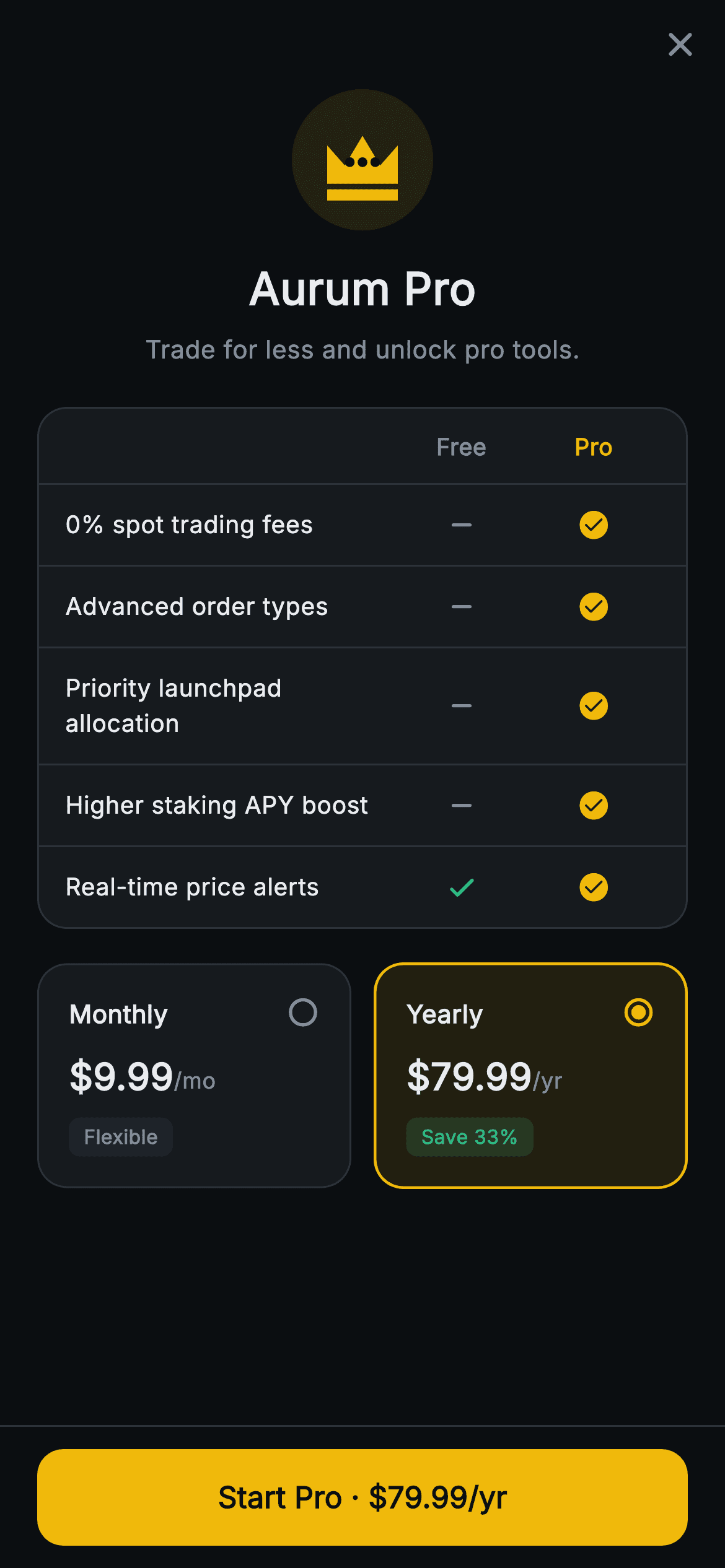 Aurum · Pro Upgrade — Web3 Flutter screen