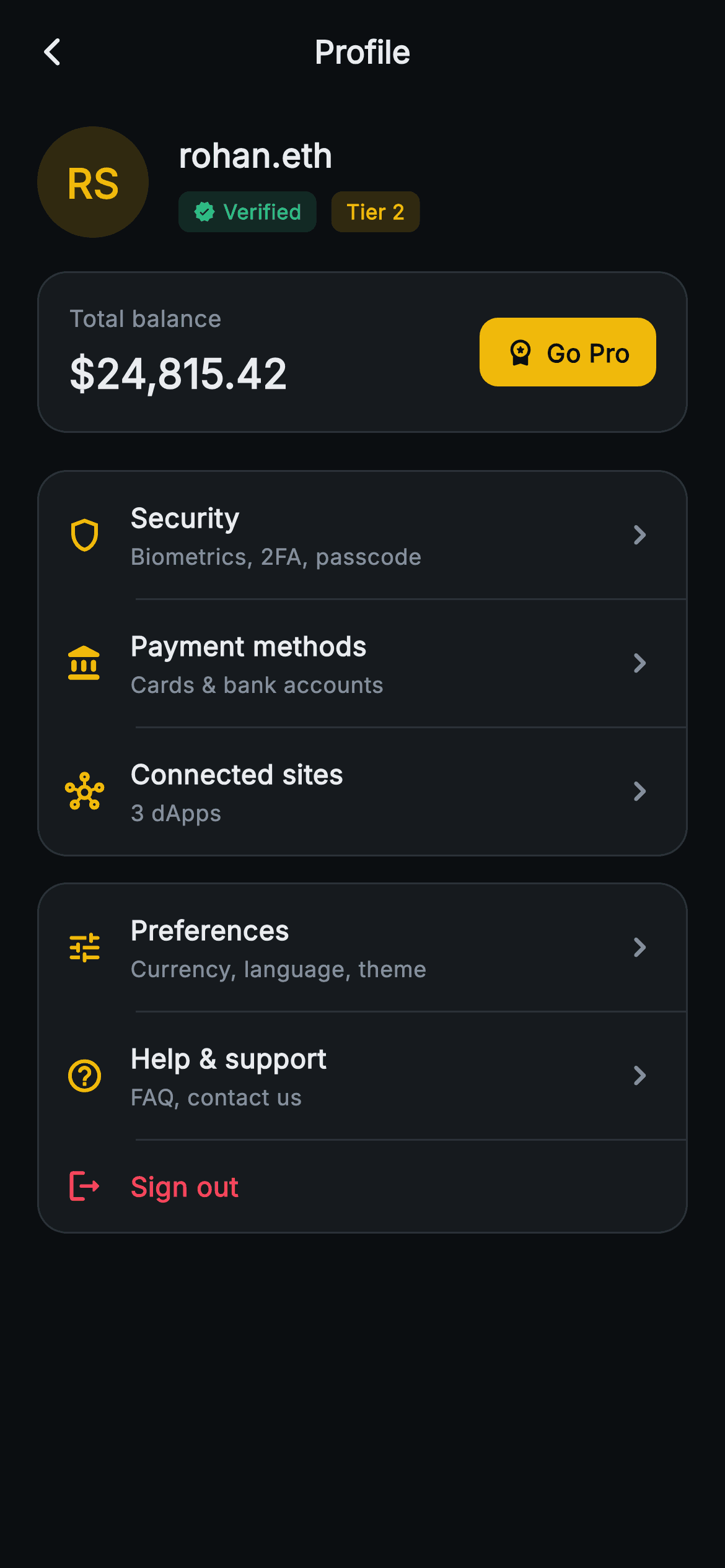 Aurum · Profile — Web3 Flutter screen