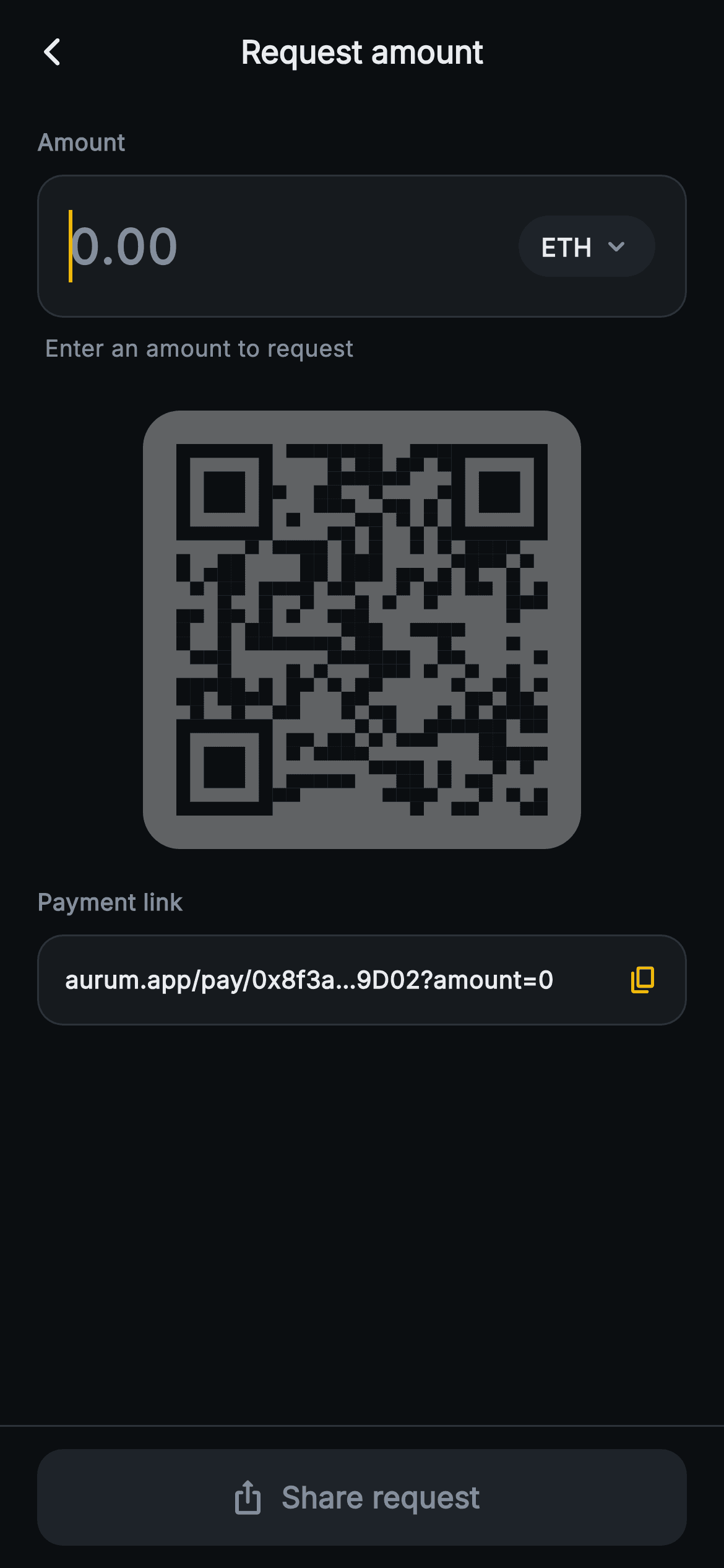 Aurum · Request Amount — Web3 Flutter screen