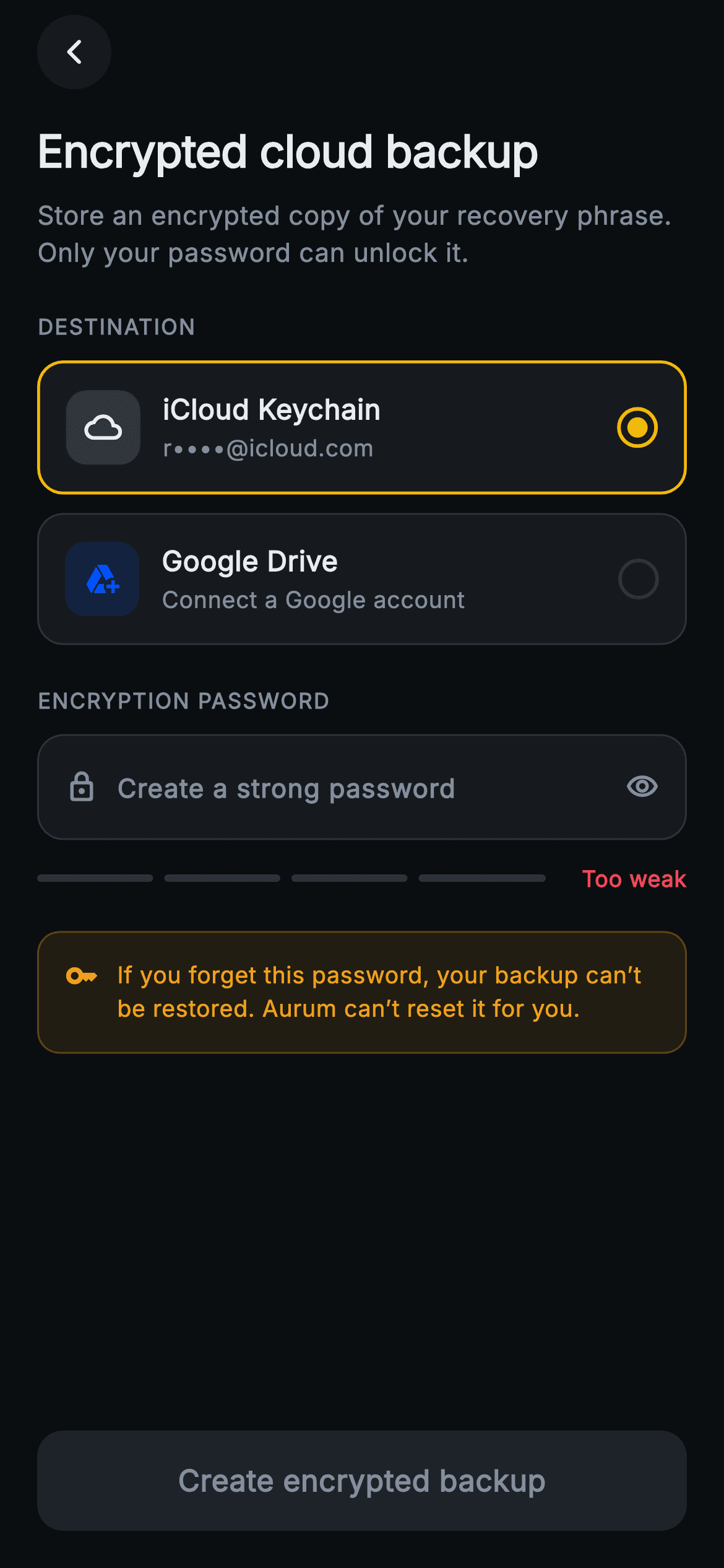 Aurum · Cloud Backup — Web3 Flutter screen