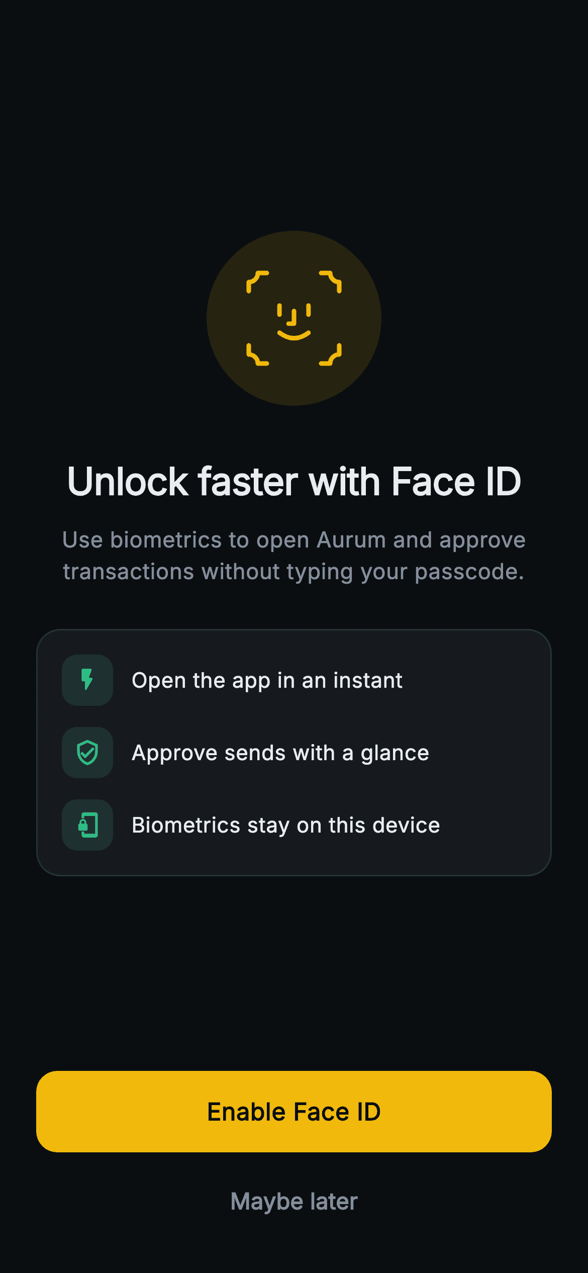 Aurum · Enable Biometrics — Web3 Flutter screen