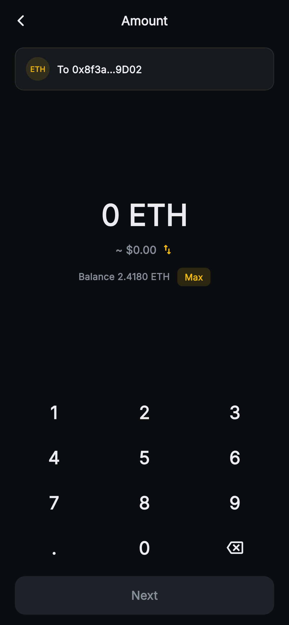 Aurum · Send Amount — Web3 Flutter screen