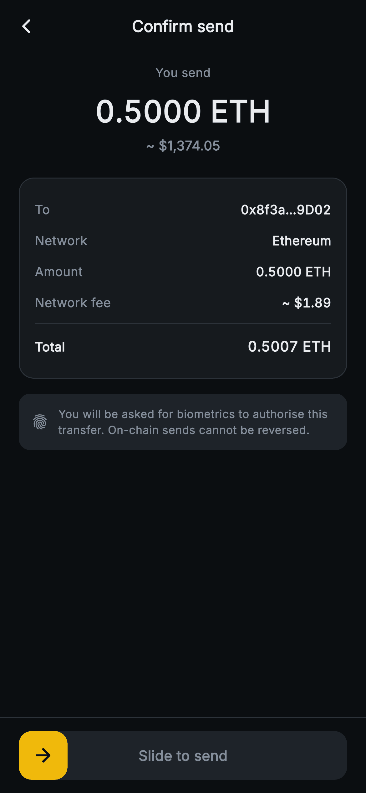 Aurum · Confirm Send — Web3 Flutter screen