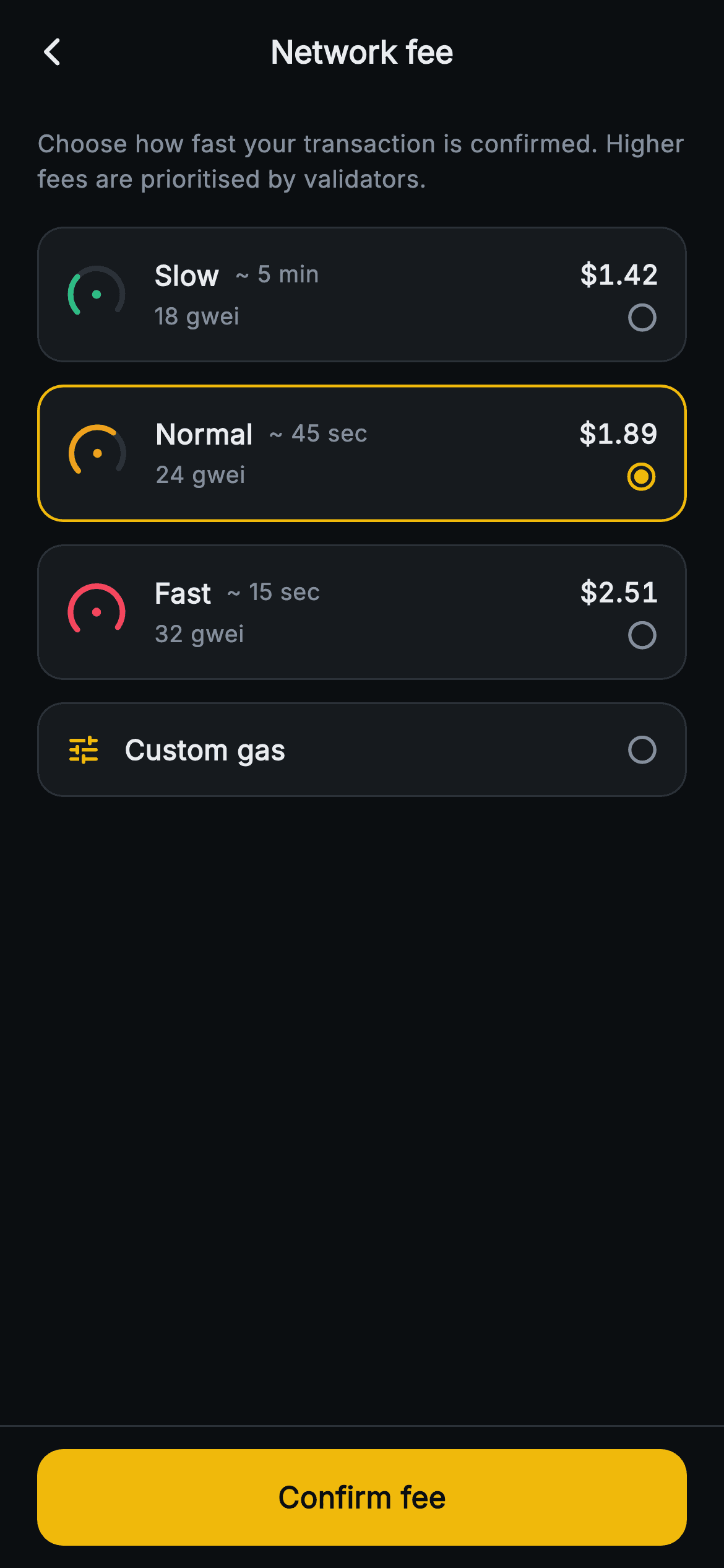 Aurum · Network Fee — Web3 Flutter screen