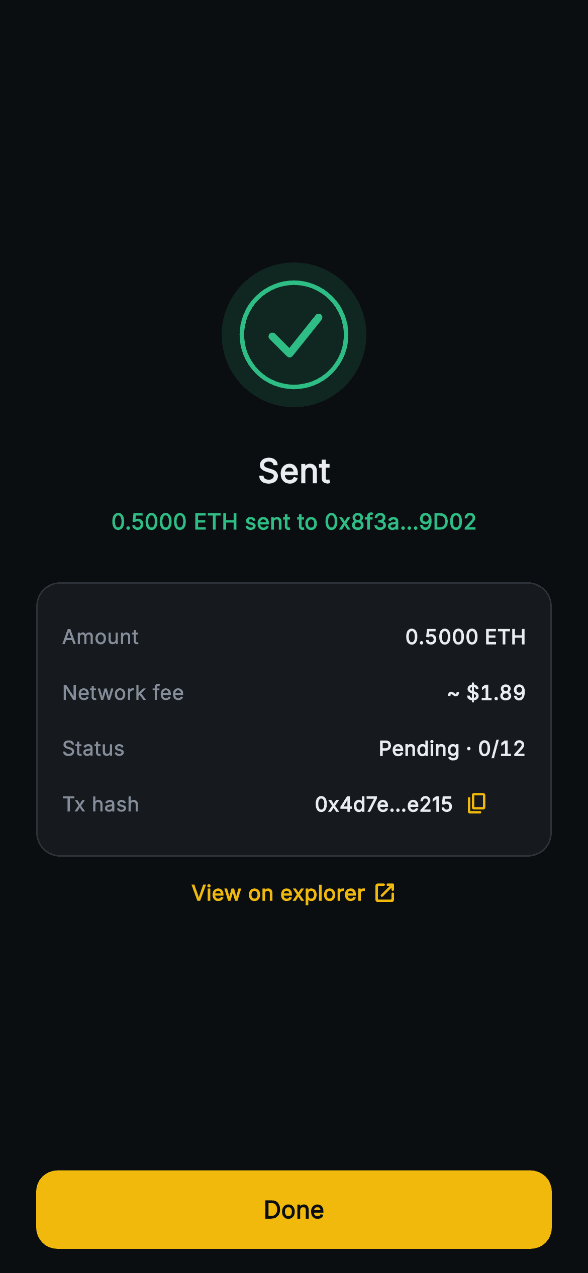 Aurum · Sent — Web3 Flutter screen