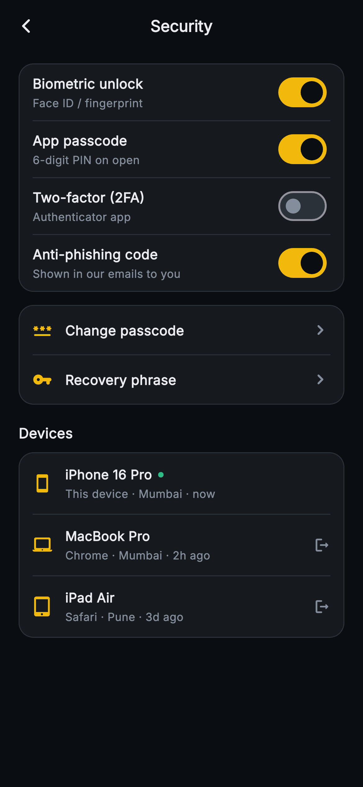 Aurum · Security — Web3 Flutter screen