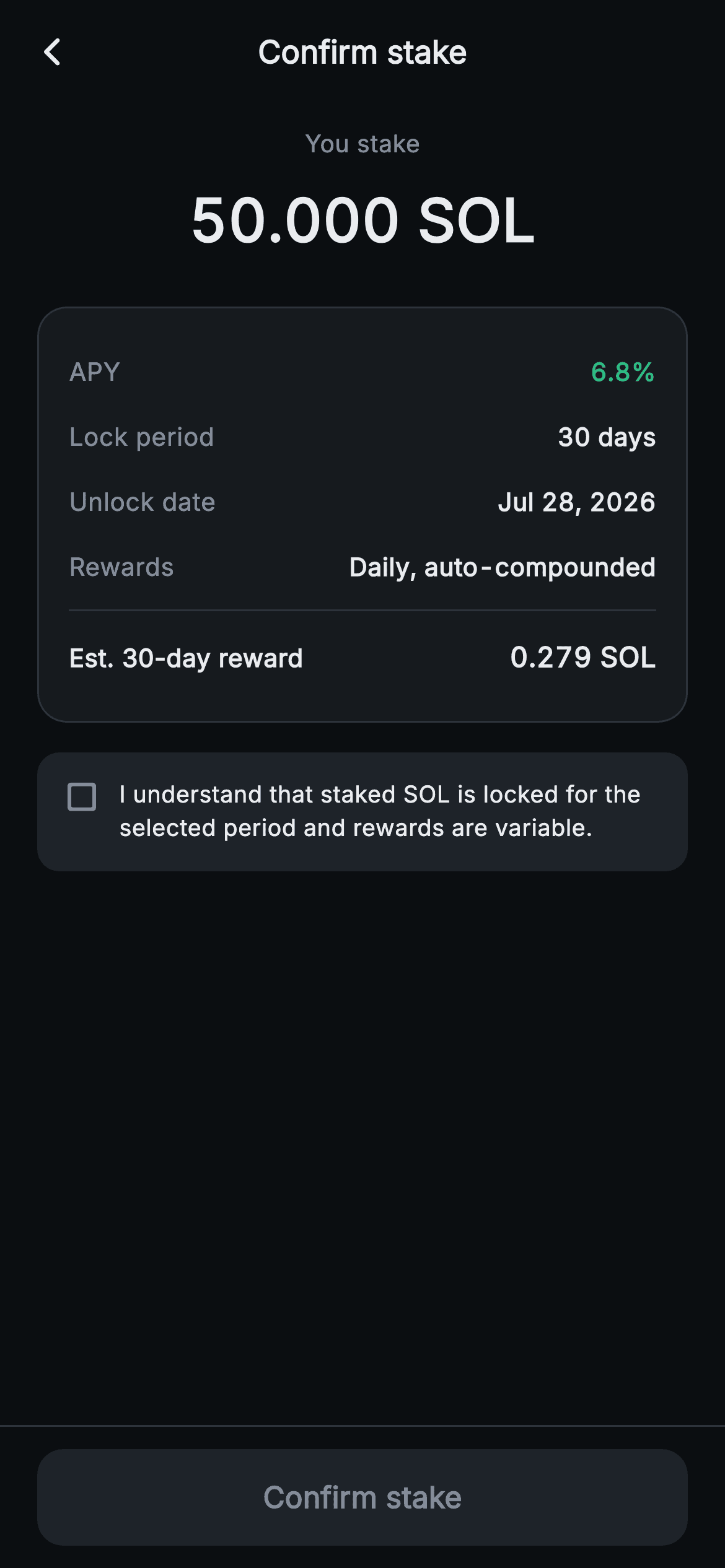 Aurum · Confirm Stake — Web3 Flutter screen