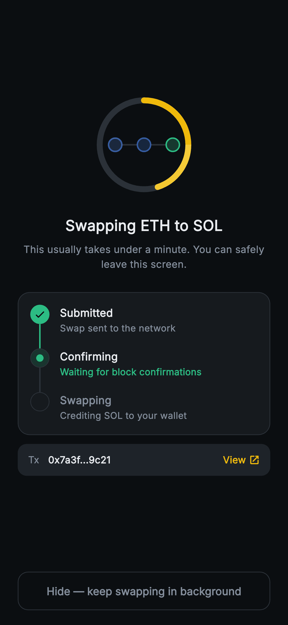 Aurum · Swapping — Web3 Flutter screen