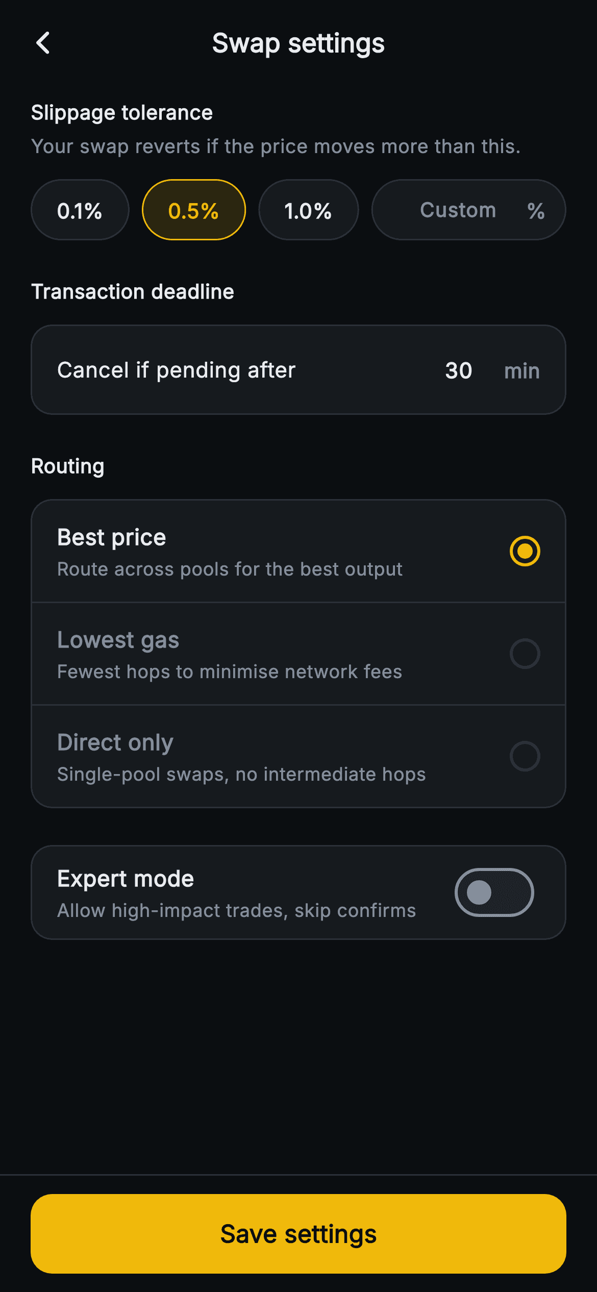 Aurum · Swap Settings — Web3 Flutter screen