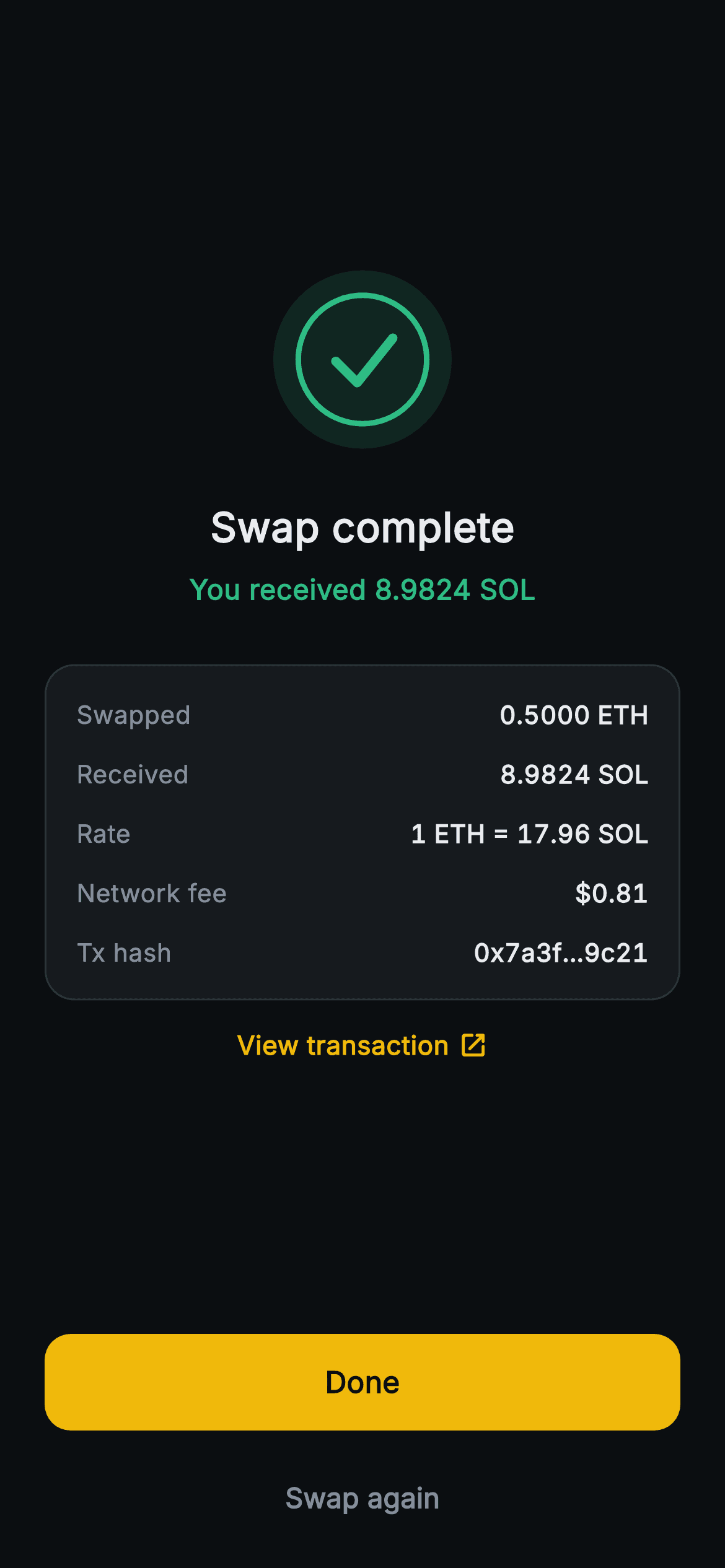 Aurum · Swap Complete — Web3 Flutter screen