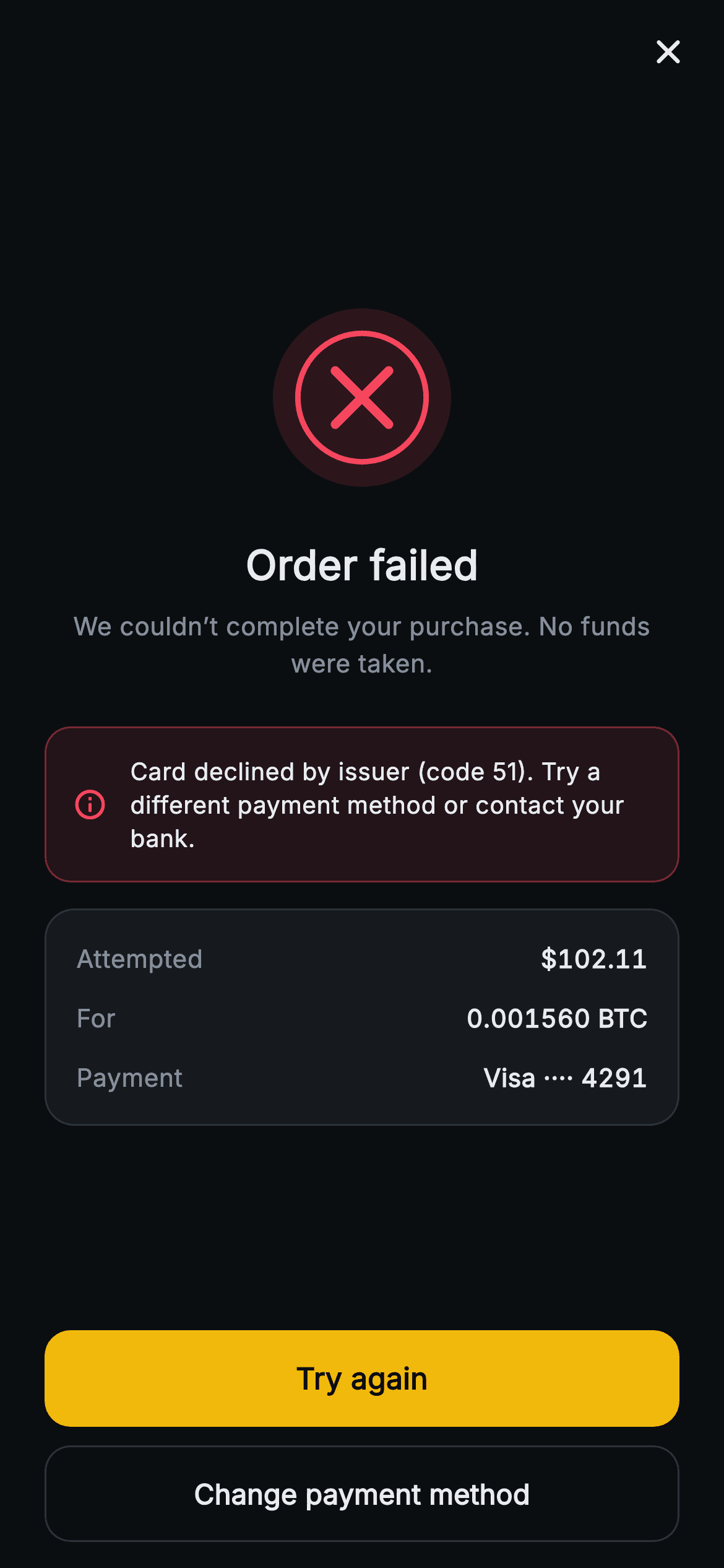 Aurum · Order Failed — Web3 Flutter screen
