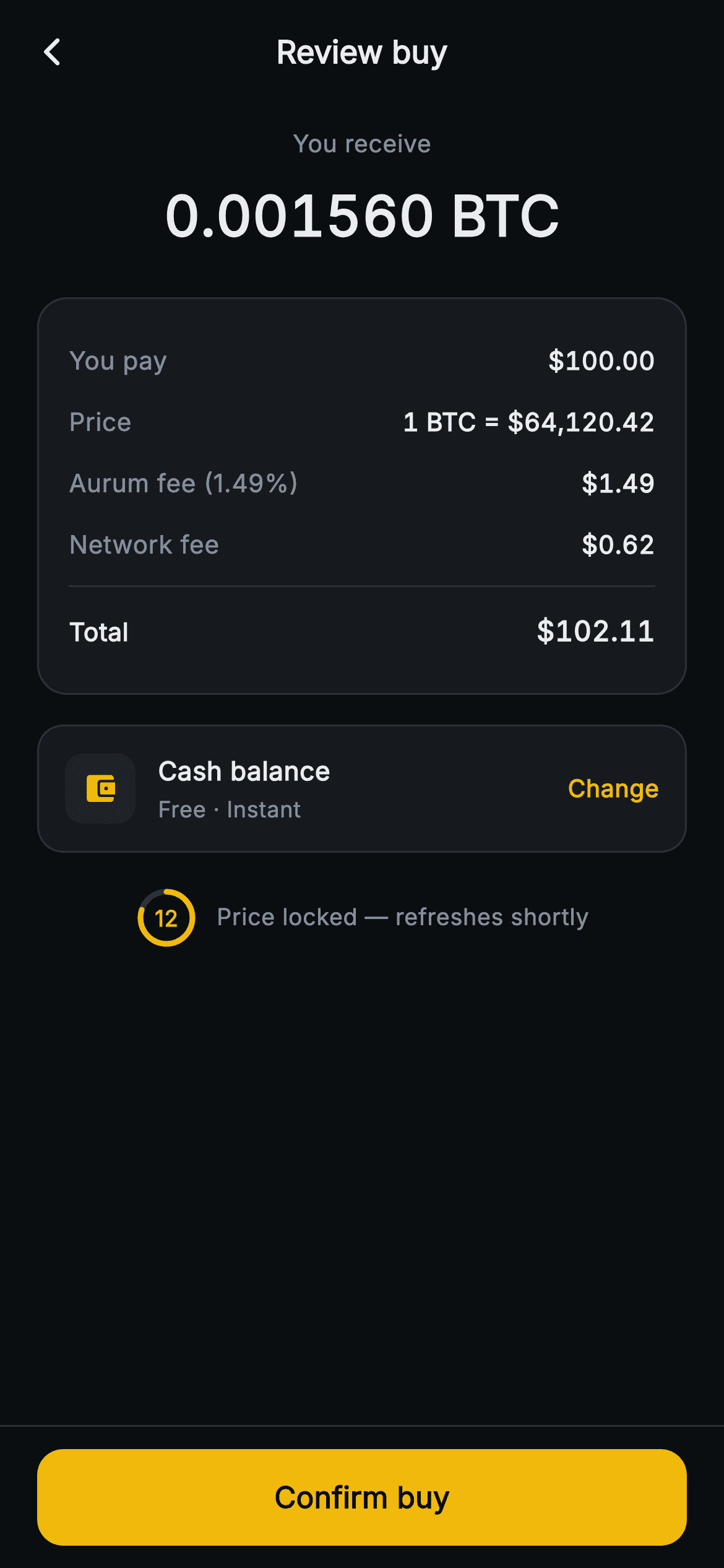 Aurum · Review Order — Web3 Flutter screen