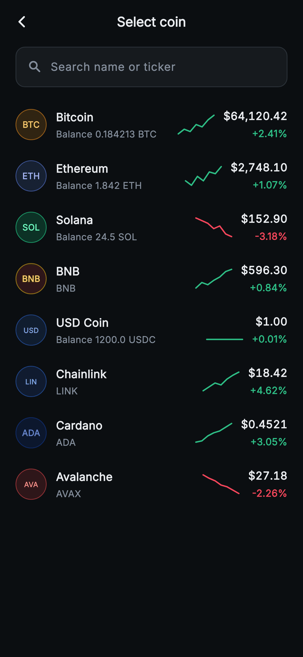 Aurum · Select Coin — Web3 Flutter screen