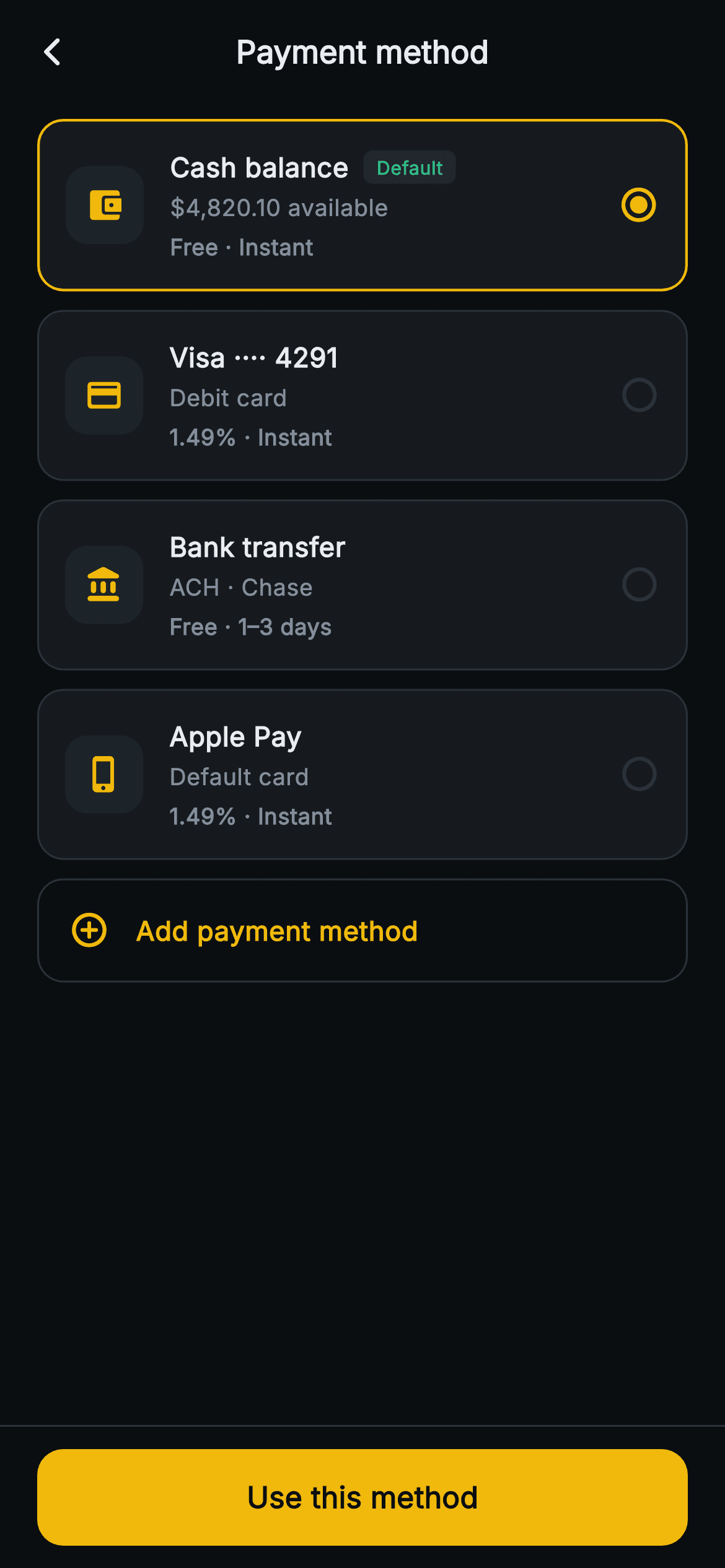 Aurum · Payment Method — Web3 Flutter screen