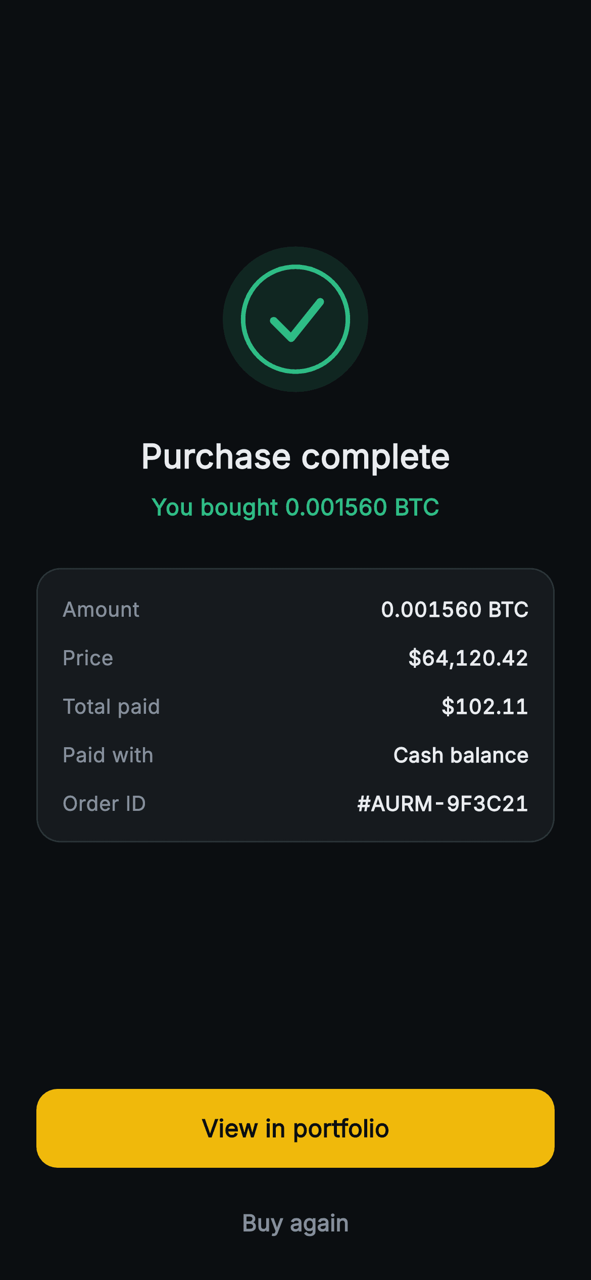 Aurum · Purchase Complete — Web3 Flutter screen