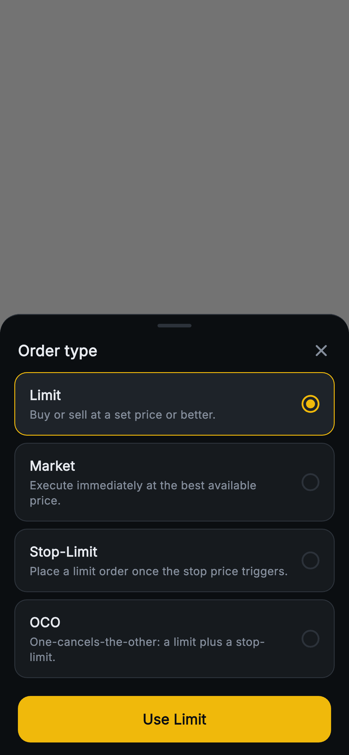 Aurum · Order Type — Web3 Flutter screen