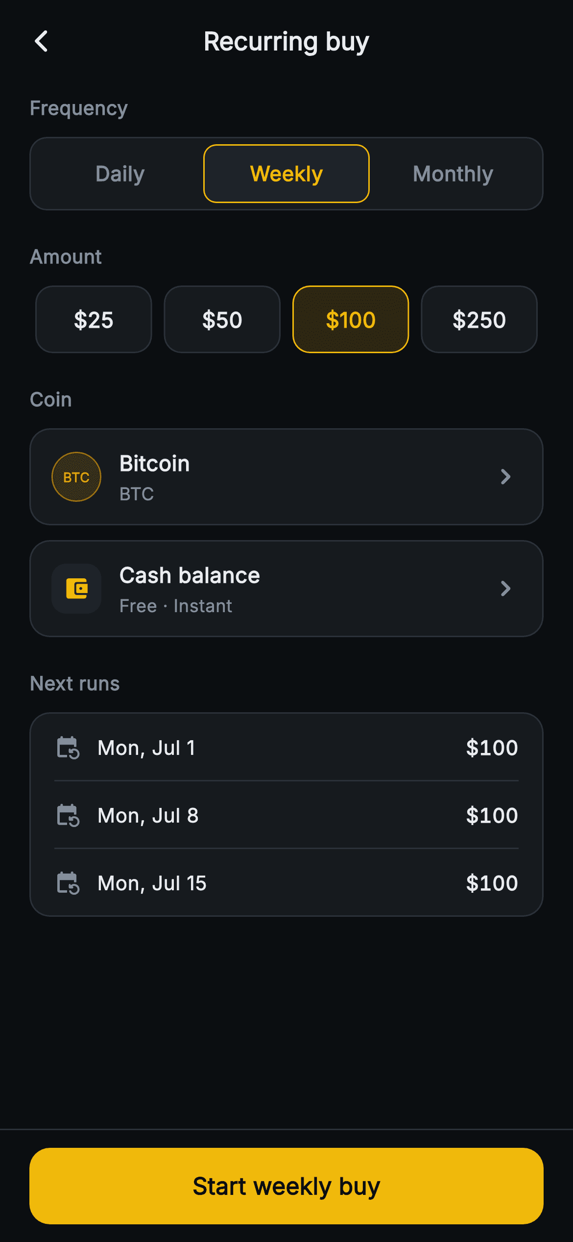 Aurum · Recurring Buy — Web3 Flutter screen