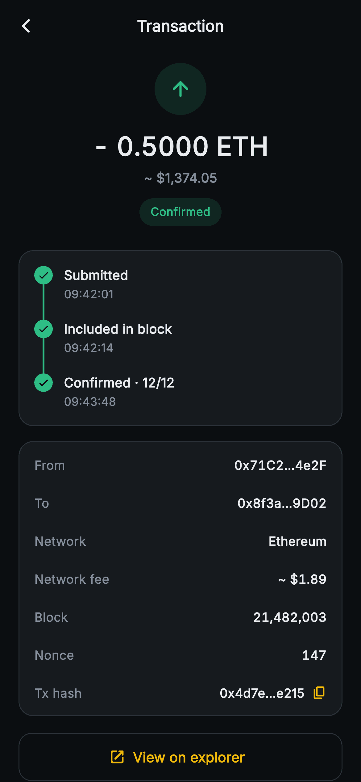 Aurum · Transaction Detail — Web3 Flutter screen