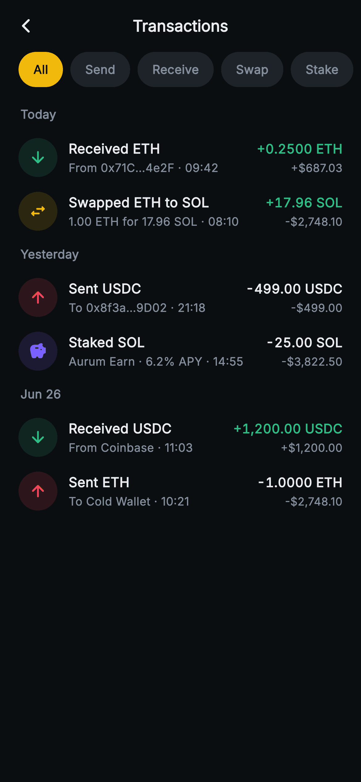 Aurum · Transactions — Web3 Flutter screen