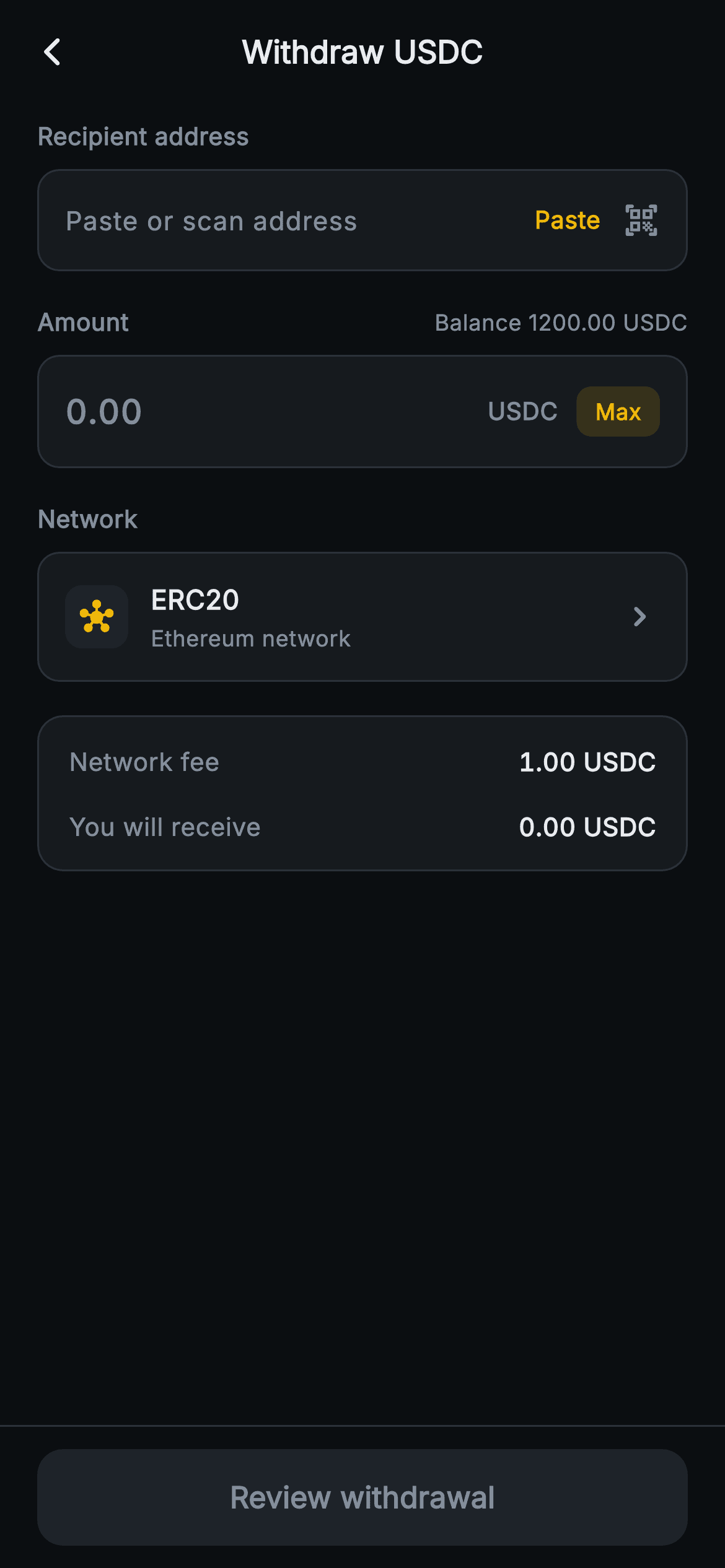 Aurum · Withdraw — Web3 Flutter screen