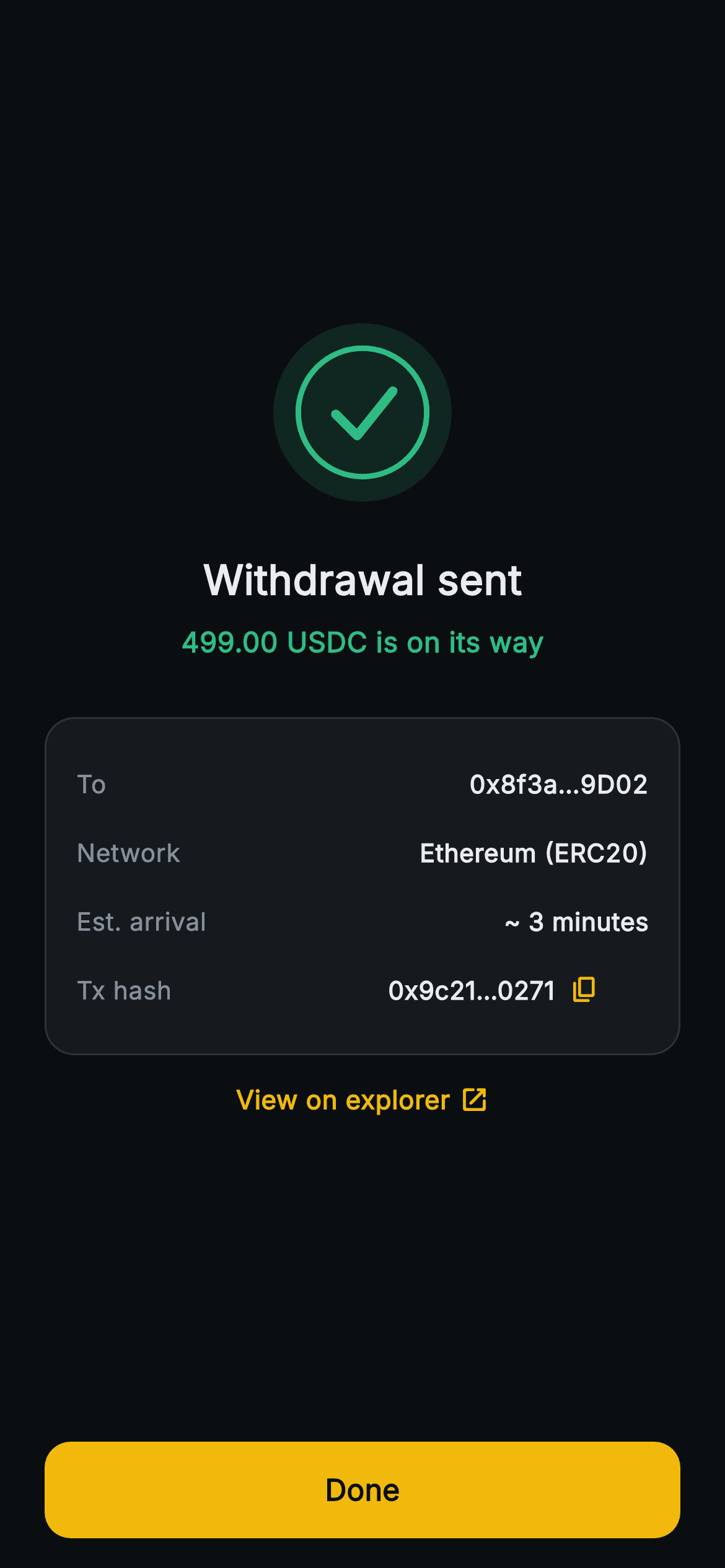 Aurum · Withdrawal Sent — Web3 Flutter screen