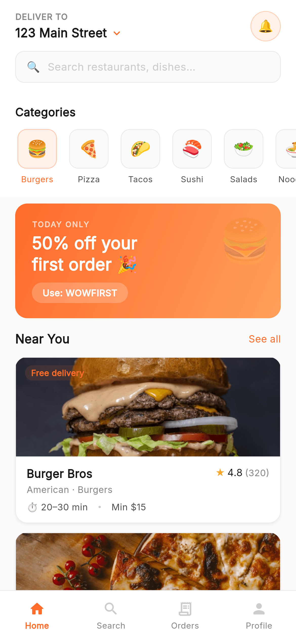 Wow Food · Home — Food Delivery Flutter UI screen