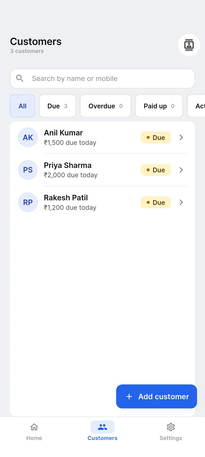 The Customers screen in Scale Partner: a searchable list of customers with Due, Overdue and Paid up filters, each row showing the amount that customer owes and when it fell due.