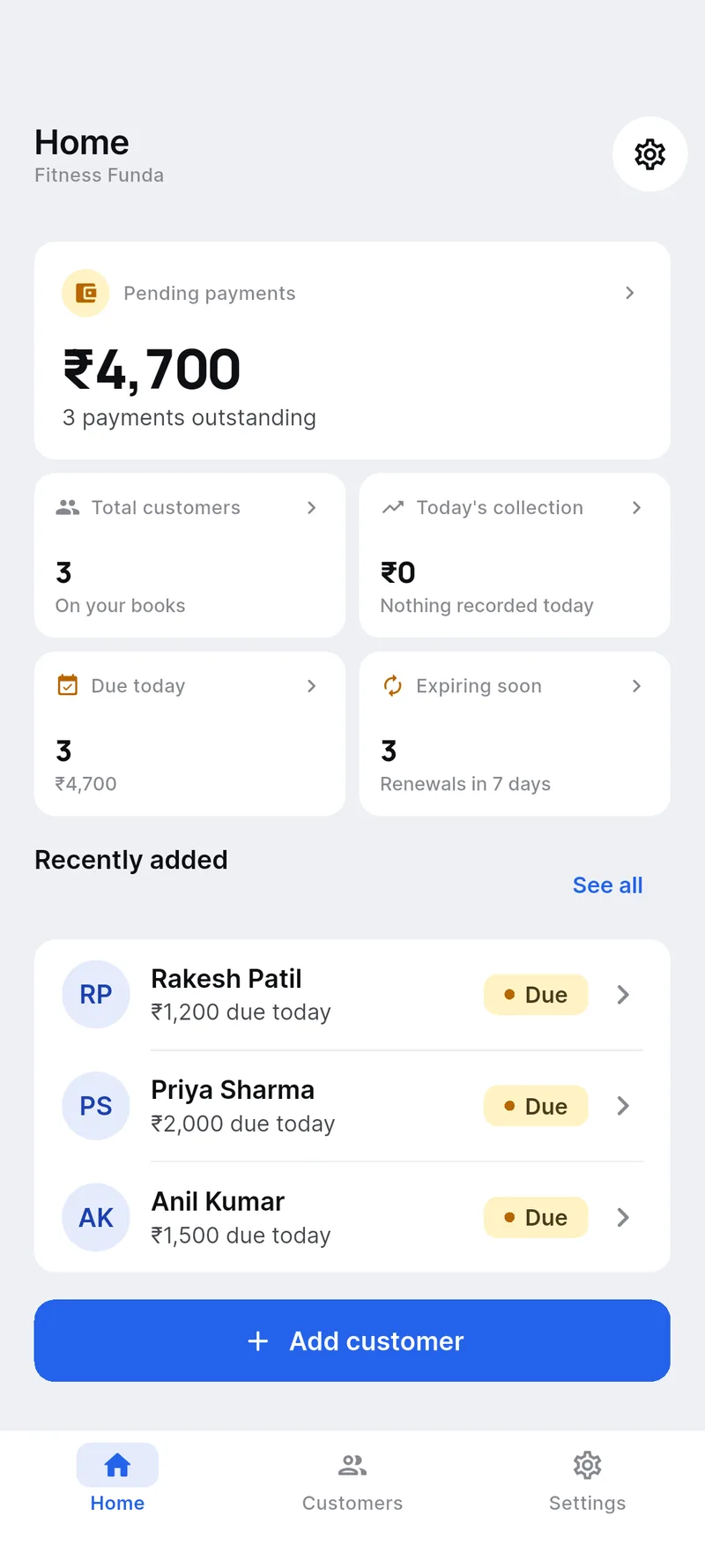 The Scale Partner home screen for a business called Fitness Funda, showing ₹4,700 pending across 3 outstanding payments, 3 customers on the books, today's collection, what is due today and 3 renewals in the next 7 days.